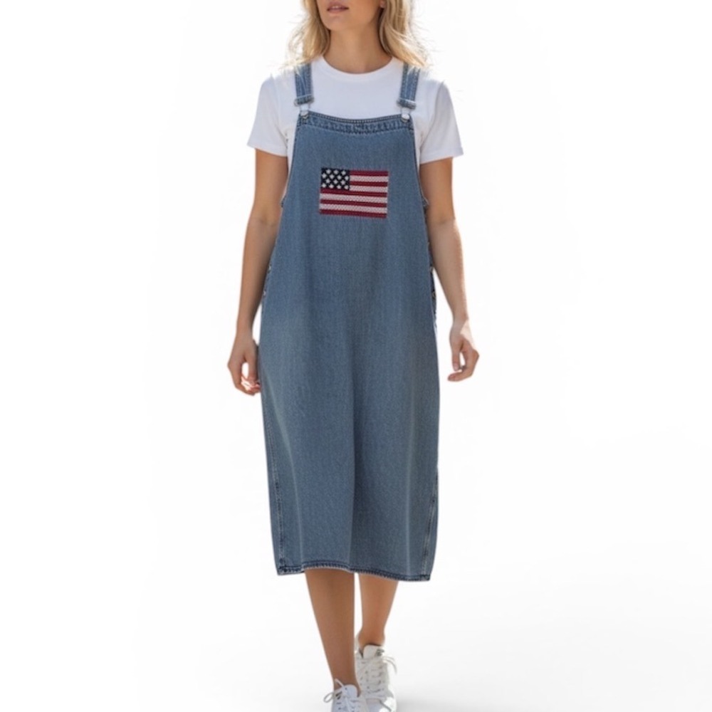 Asazu Women Denim Jumper Dress American Flag Cross Stitch Midi L Overalls